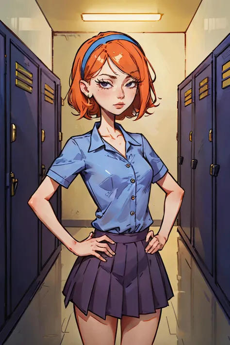 a cartoon of a woman in a school uniform standing in a hallway