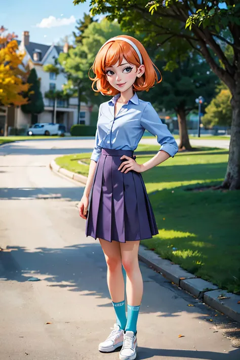 jessica, black eyes, hairband, short orange hair, purple skirt, blue shirt, teal socks, white shoes, looking at viewer, smiling, full body shot,standing, outside, park, grass, scenic path, winter, blue sky, high quality, masterpiece, <lora:JESSICA-V2:.8>