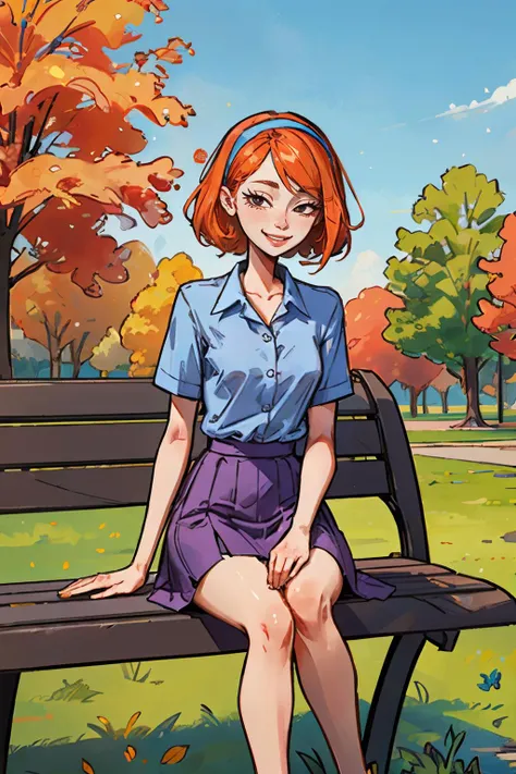 jessica, black eyes, hairband, short orange hair, purple skirt, blue shirt, looking at viewer, smiling, sitting, on bench, outside, park, field, trees, winter, blue sky, high quality, masterpiece, <lora:JESSICA-V2:.8>