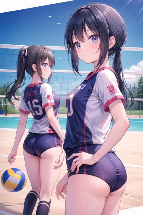 (masterpiece),  (2girls),  volleyball uniform,  dynamic angle