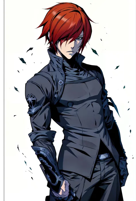 (masterpiece, top quality, best quality, official art:1.2, detailed:1.2)(original design:1.3),(consistent outfit:1.2),1boy, red hair, (short hair:1.3), ,(half body), black assassin outfit, simple background, solo,fantasy, (muscular:0.7), white background,<...