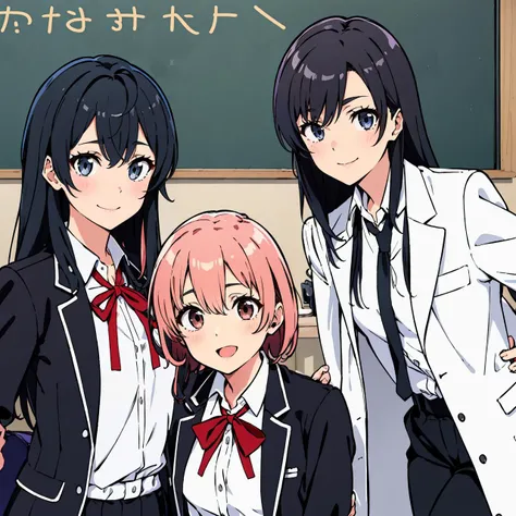 masterpiece,high quality,
<lora:oregairu_girl2:0.8>,
anime art style,looking at viewer,smile,
ADDBASE,3 people,
yukinoshita yukino,1girl,long hair,school uniform,open jacket,ribbon,white shirt,
ADDCOL,3 people,
yuigahama yui,1girl,short hair,open jacket,sc...