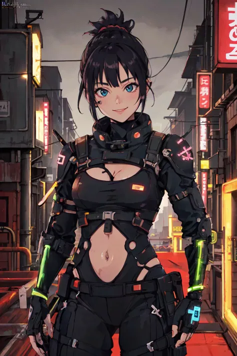 <lora:Cyberpunk_Anime:0.8>  neon sign, navel,  cleavage, roof-top, body suits, hacking, ninja,
(best quality, masterpiece, RAW photo,ultra-detailed:1.2), <lyco:GoodHands-beta2:1.0>,1girl,solo,looking at viewer,smile