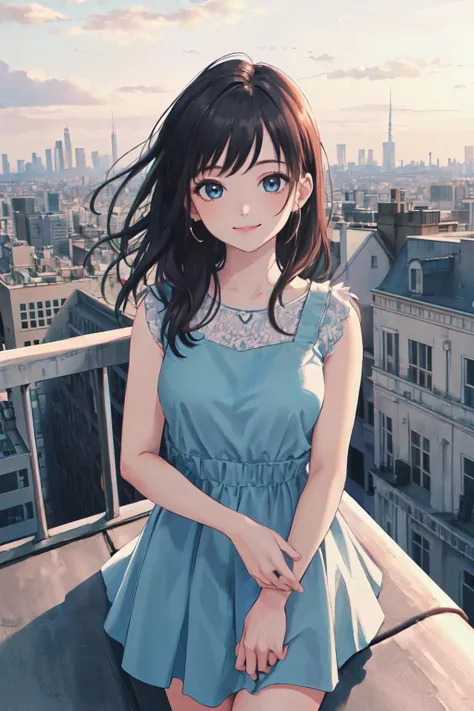 a woman in a blue dress sitting on a ledge with a city in the background