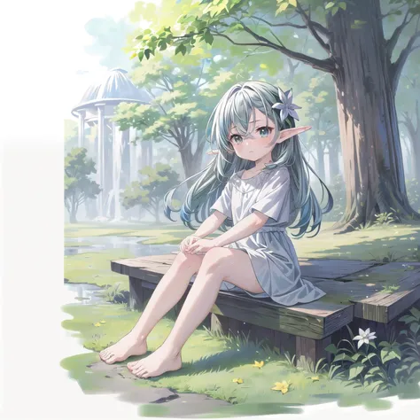 anime girl sitting on a bench in a park with a fountain in the background