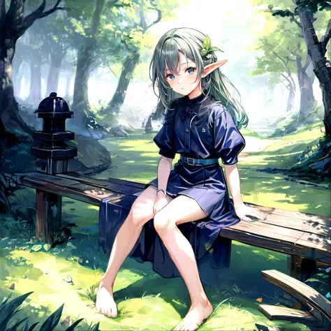 anime girl sitting on a bench in a forest with a backpack