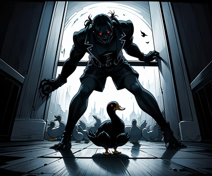faux traditional media, ultra-detailed, scary, dark room, horror, ominous, dynamic angle, full angle view, dutch angle, (duck in foreground:1.2), cowering, sitting, on floor, against wall, twintails, beautiful, black hair, ominous, nightmare, 1girl in ba...