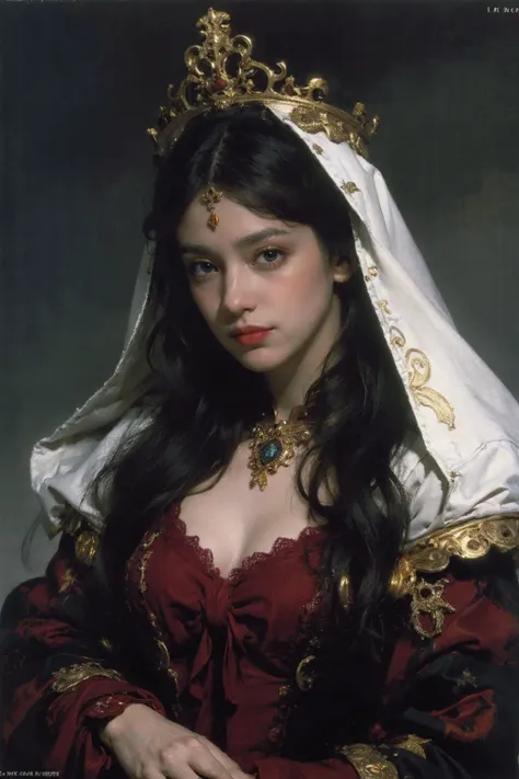 a painting of a woman in a red dress and a white veil