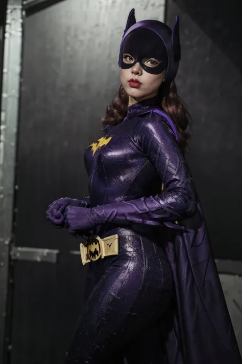 photo of Batgirl, a woman, 1girl, solo, skin tight purple catsuit, realistic, (masterpiece:1.3), (best quality:1.3), beautiful, (intricate details), unity 8k wallpaper, ultra detailed, beautiful, aesthetic, perfect lighting, <lora:add_detail:0.25> <lora:60...
