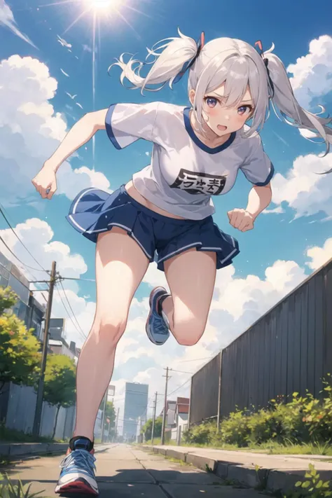 1girl, casual clothes, t-shirt, buruma, twintails, long hair, outdoors, running