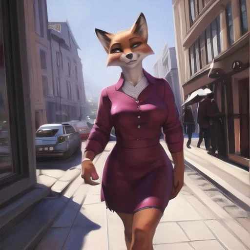 fox anthro, pixelsketcher, female fox anthro, chunie, highdetail, personalami, clothes, walking through city, looking at viewer,