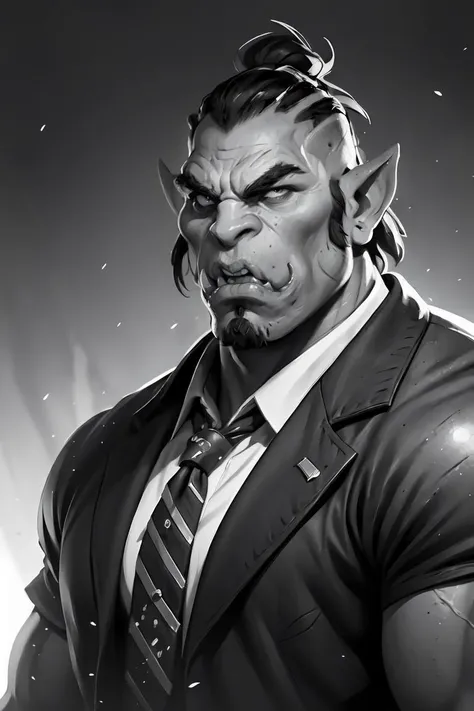 Portrait of an orc warrior wearing suit and tie,Blizzard Entertainment,detailed skin,skin blemishes,Warcraft,lighting should be warm and inviting,casting a soft glow and highlighting the rich colors of his flesh,background cinematic Hollywood movie style,l...