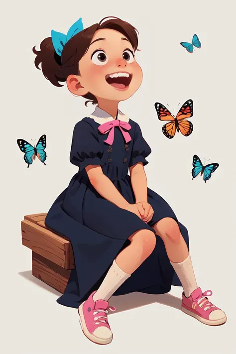 European and American cartoons, original character design, hand-drawn drafts, 1girl, bug, butterfly, solo, looking_up, ponytail, smile, brown_hair, open_mouth, white_background, sitting, dress, simple_background, child, ribbon, female_child, shoes, black_e...