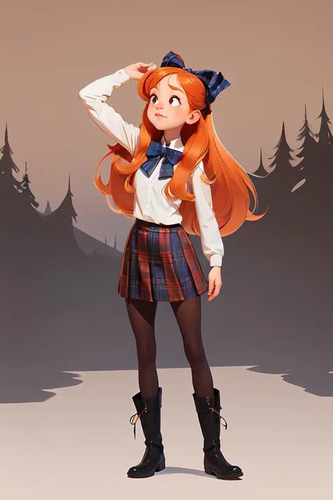 European and American cartoons, exaggerated body shape, original design, 1girl, solo, long hair, skirt, pantyhose, boots, plaid, orange hair, plaid skirt, hair bow, looking up, <lora:ouka_V3:0.5>,full body,