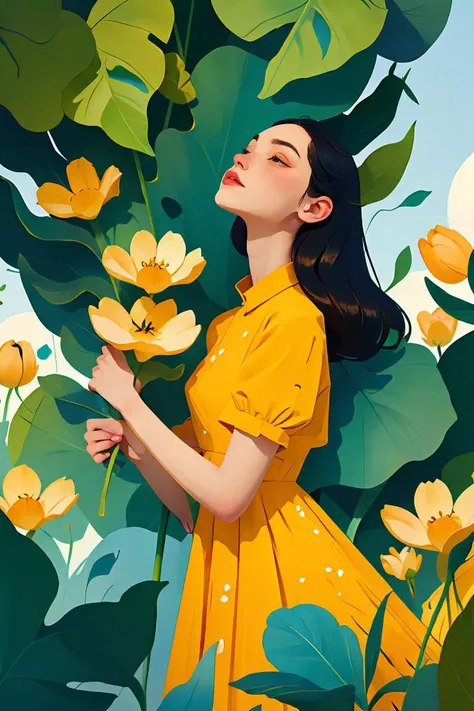 masterpiece, high quality, 1girl, black hair, yellow dress, leaves, flower, J_web_illustration <lora:æå¹³åwebæç»:0.8>