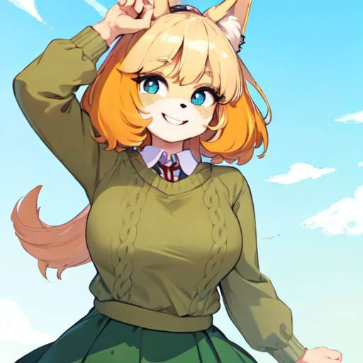 anime girl with blonde hair and green dress holding a cat's head