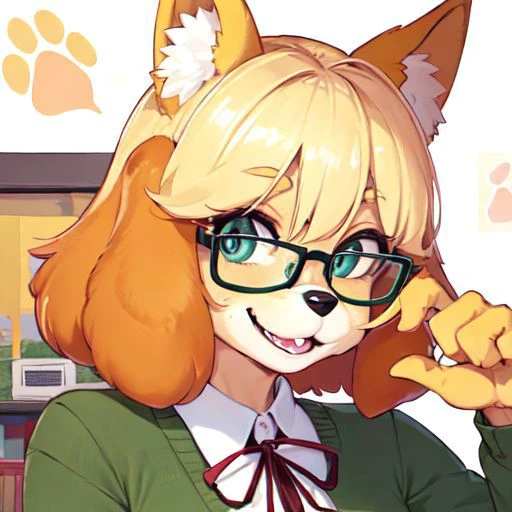 anime girl with glasses and a cat ears and a green sweater