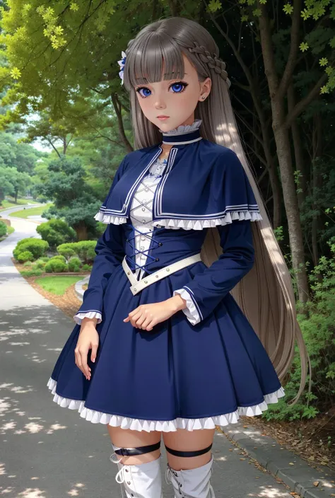 capelet,blue capelet,dress,blue dress,frills,long sleeves,thigh boots,cross-laced footwear,(white footwear:1.2),<lora:ÐÐ°Ð²Ð¸Ð½Ðµ ÑÑÐ¸ÑÐµÐ½(lawine,long hair,french braid,blunt bangs,medium breasts(blue capelet,blue dress,frills,long sleeves,thigh boots...