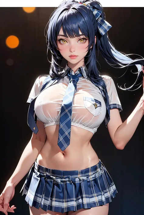 //Loras
<lora:GoodHands-beta2:1.2>
<lora:low_cut_school_uniform:0.6>
//Character Info
(( 1girl, (( solo, adult, )) , (( dark blue hair, yellow eyes, )), very long hair, bangs, sidelocks, high ponytail, yellow bow, hair bow, (( huge breasts)), happy, thighs...