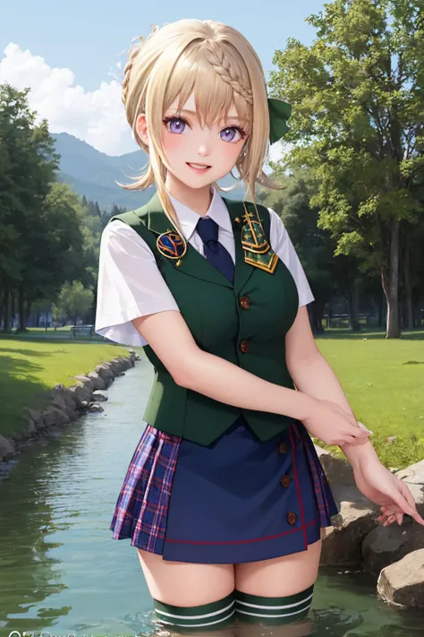 (masterpiece, best quality:1.2), <lyco:kancolle_perth-17:1.0>, cowboy shot, solo, 1girl, perth, smile, looking at viewer, wading, braided bangs, braided bun, green vest, white shirt, necktie, short sleeves, green cape, blue skirt, green thighhighs, badge