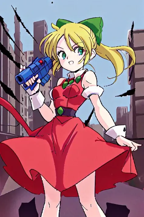 <lora:Roll3D:0.6> Roll3D 1girl,red dress, green bow, blonde hair, blue eyes, in city ruins with a blaster, scene from megaman