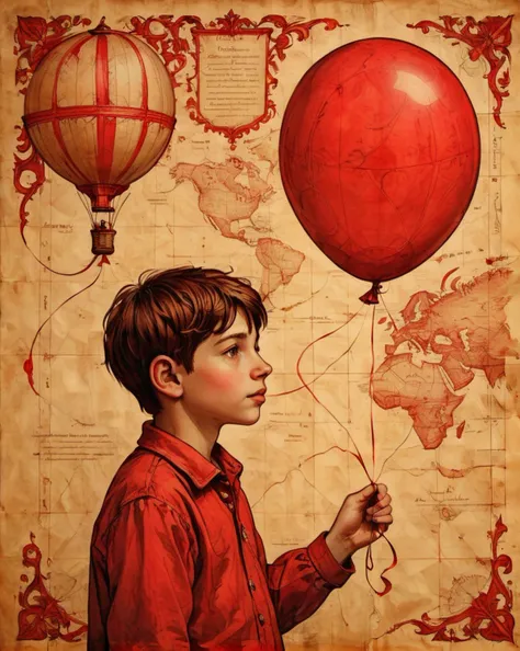 arafed image of a boy holding a balloon and a map