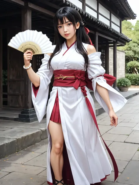 a woman in a white and red dress holding a fan