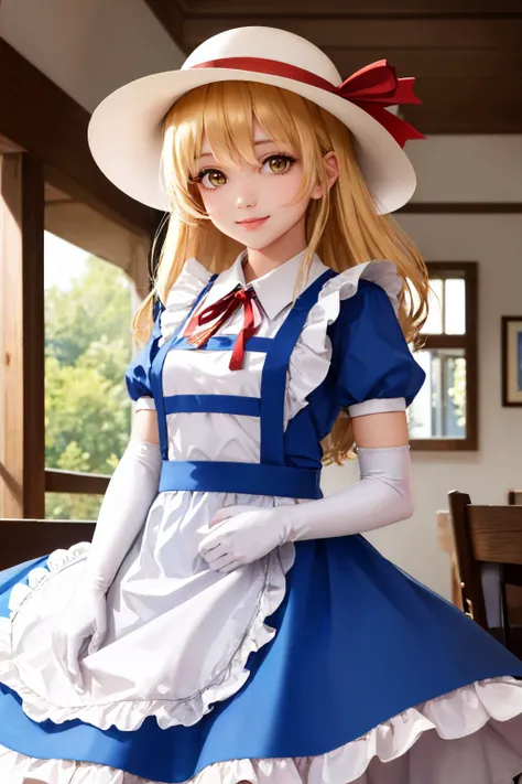 (masterpiece, best quality:1.2), cowboy shot, solo, 1girl, kana anaberal, smile, looking at viewer, sun hat, blue dress, apron, short sleeves, ribbon, elbow gloves <lora:touhou_kana:1.0>