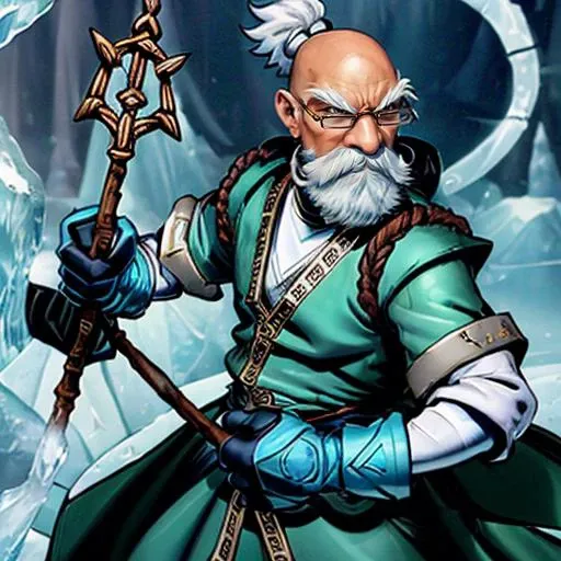 (((a man is casting ice spells))) <lora:KnolanBattleChasersLora:0.8> 1boy, male focus, facial hair, beard, mustache, old man, white hair, glasses, bald, gloves, staff, Highly detailed,masterpiece, best quality