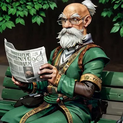 (((a man is sitting on a bench reading a newspaper))) <lora:KnolanBattleChasersLora:0.8> 1boy, male focus, facial hair, beard, mustache, old man, white hair, glasses, bald, gloves, staff, Highly detailed,masterpiece, best quality