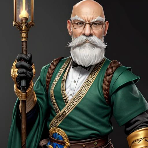 <lora:KnolanBattleChasersLora:0.5> 1boy, male focus, facial hair, beard, mustache, old man, white hair, glasses, bald, gloves, staff, Highly detailed,masterpiece, best quality