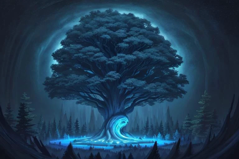 painting of giant tree, dark blue theme, illuminated blue leaves, night vision, fantasy, magical, masterpiece, ultra quality, 12k detailed, birdseye shot, ultra wide angle shot, high angle shot, far angle shot, aspect ratio: 2.39:1(3,840 x 2,160)