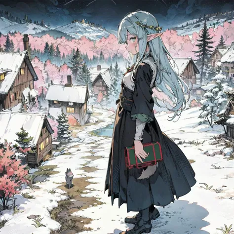 anime girl in a black dress and hat standing in a snowy village