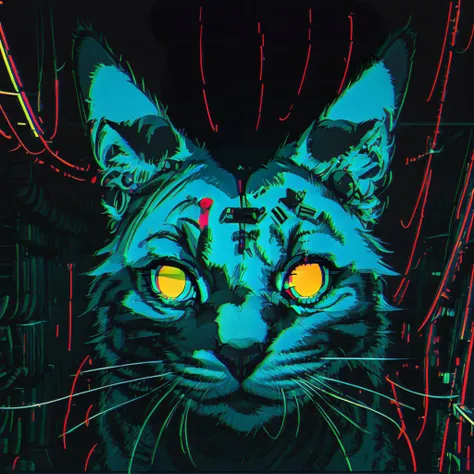 cat portrait, cyberpunk, black background, detailed, neon colors, hight quality, glitch, electronic parts,
noise, film grain, spotlight, neon eyes, trip colors, briliant colors, abstraction.
 <lora:coocolor:1>
 <lora:DarkLighting:0.2>