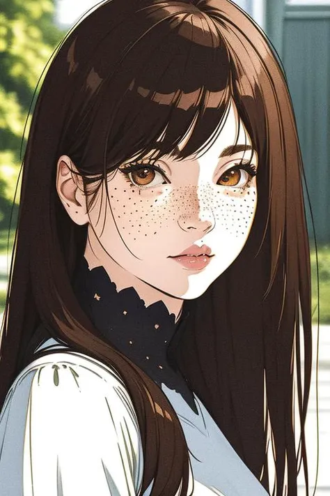 anime girl with long brown hair and freckled blouse