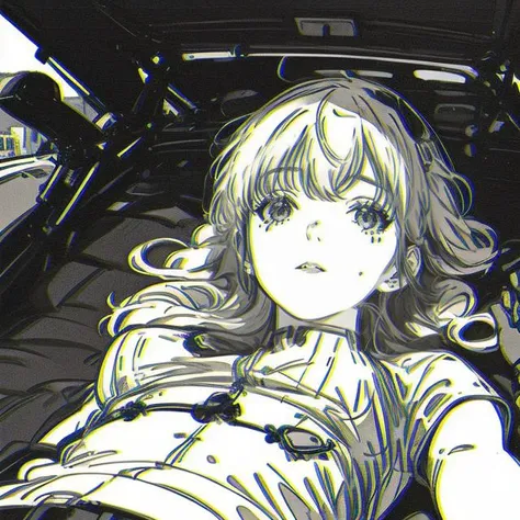 anime girl sitting in the back of a car with a steering wheel