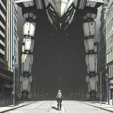 anime - style image of a man walking down a street with a giant robot in the background