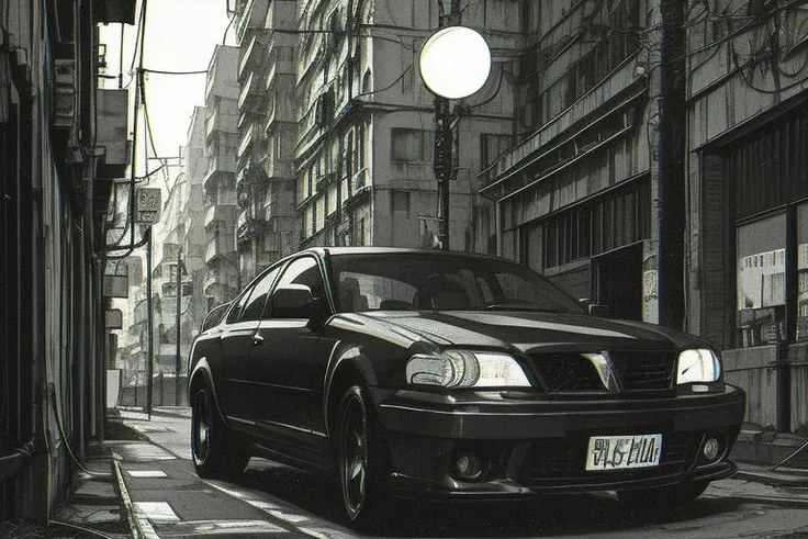 arafed black car parked on the side of a street in a city