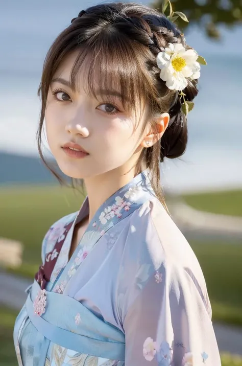 a close up of a woman wearing a blue dress and a flower in her hair