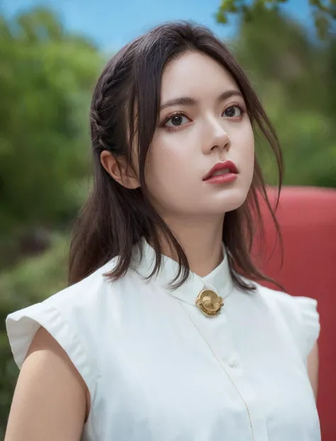 a woman in a white shirt and gold necklace standing in front of a red chair