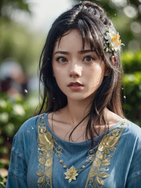 a woman with a flower in her hair standing in front of bushes