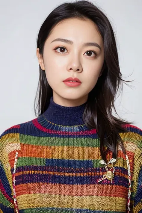 a woman with long hair wearing a colorful sweater and a necklace