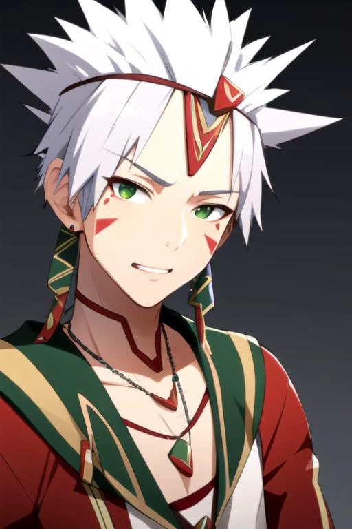 masterpiece, best quality, photorealistic, 1boy, solo, male focus, looking at viewer, , , , , <lora:ginchi_arata_kangatari:0.74>, ginchi_arata_kangatari, ginchi_arata_kangatari, white hair, green eyes, spiked hair, facial mark, clown costume, , 2k resoluti...