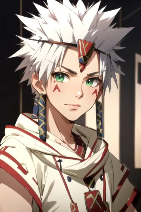 masterpiece, best quality, sketch, 1boy, solo, male focus, looking at viewer, upper body, , , realistic, <lora:ginchi_arata_kangatari:0.84>, ginchi_arata_kangatari, ginchi_arata_kangatari, white hair, green eyes, spiked hair, facial mark, , , ancient rome,