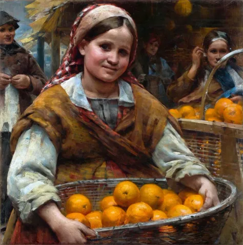 agierymski close up girl with a basket of oranges at the market<lora:agierymski:1>