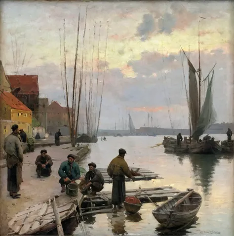 agierymski landscape, group of fishermen on the waterfront<lora:agierymski:1>