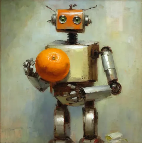 agierymski robot holding an orange<lora:agierymski:1>