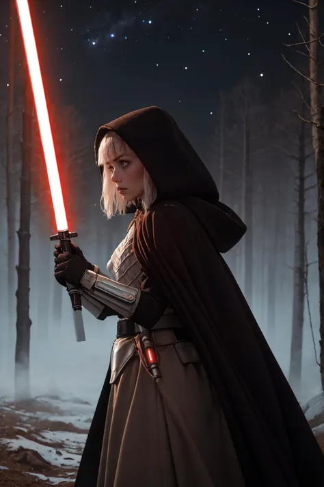 a woman in a dark robe holding a light saber in a forest