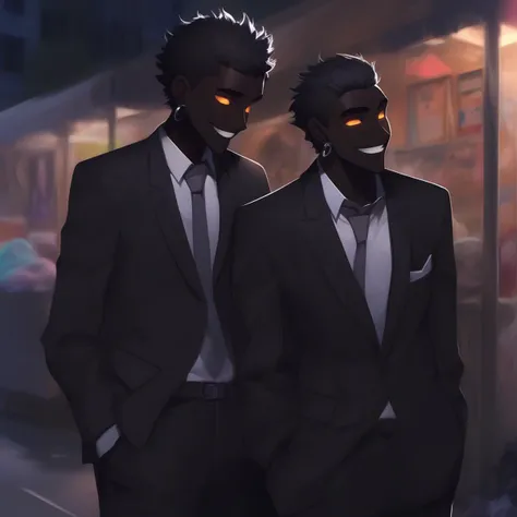 two men in suits are walking down the street at night