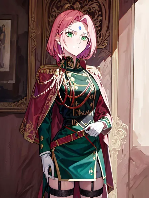 anime girl in green and red outfit standing in front of a mirror